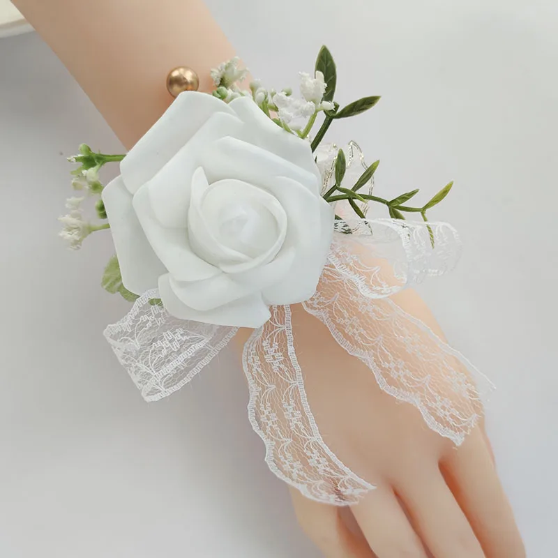 Men Buttonhole White Foam Roses Wedding Accessories Flowers Artificial Wrist Corsage Bracelet Bridesmaids Marriage Bride Sister