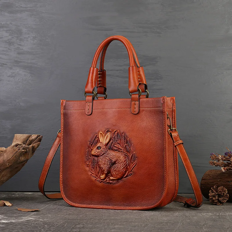 

New Genuine Leather Handbag For Women Luxury Rabbit Emboss Shoulder Messenger Bag Female Vintage Cowhide Crossbody Bags