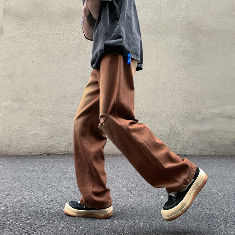 Hole Brown Jeans Men Fashion Retro 