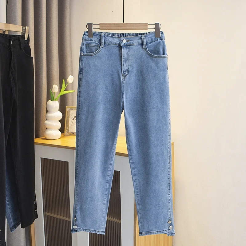 Plus Size Black Drainpipe Jeans for Women HIGH Waist Button Leg Opening Slim Denim Cotton Ankle-Length Straight Pants