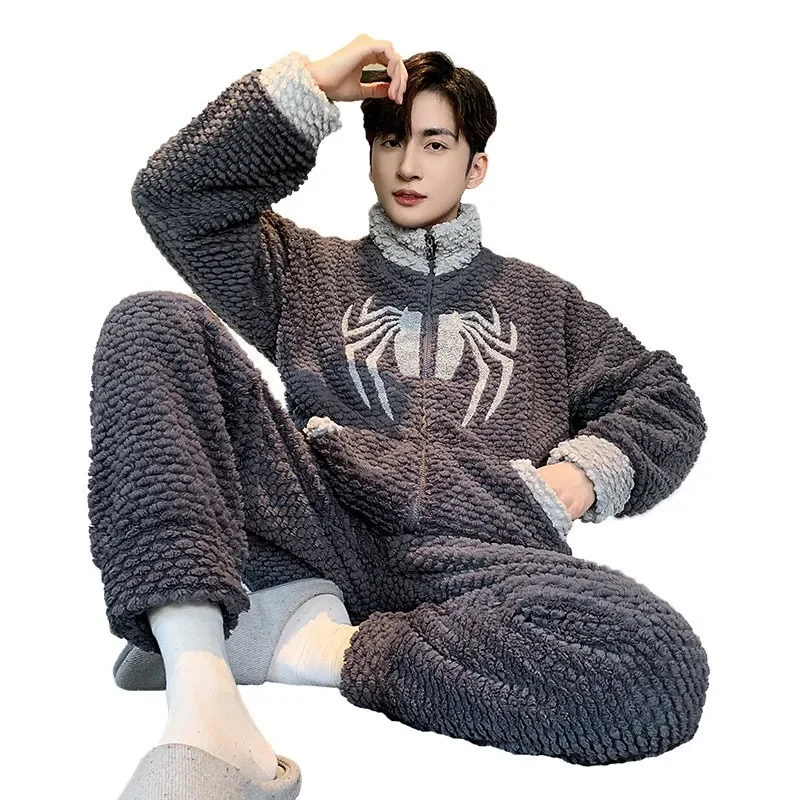 2024 New Men's Pajamas Men's Autumn Winter Loungewear Coral Velvet Thickened Sleepwear Warm Youth Zippered Flannel Homewear