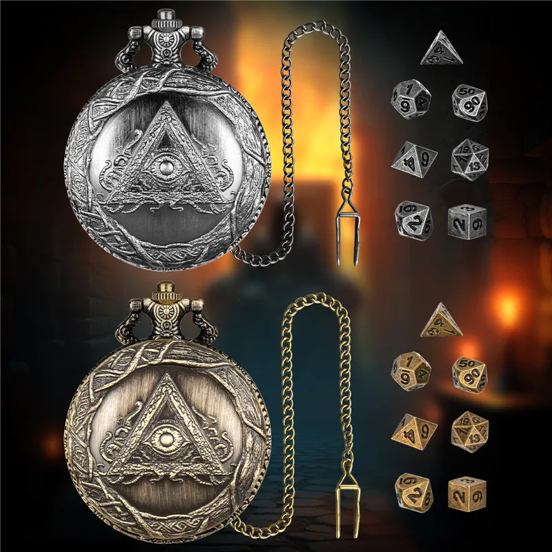 Gothic Dreieckiges Auge Taschenuhr Gehäuse Anhänger Kette 7 teile/satz Mini Größe Metall Polyedrische Würfel für Tisch Brett Rollenspiel – Detail 6