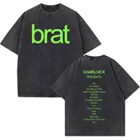 Charli Xcx Brat 2024 Tour Album Letter Print T Shirts Men Hip Hop High Quality Vintage Washed Fashion T-shirt Unisex Streetwear 1