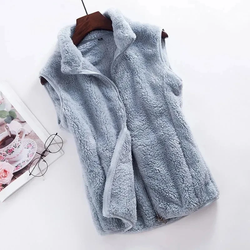 

2023 Autumn Winter Polar Fleece Vest Jacket Women Coat High Collar Zipper Sleeveless Jacket Warm Coral Vest Female Waistcoat