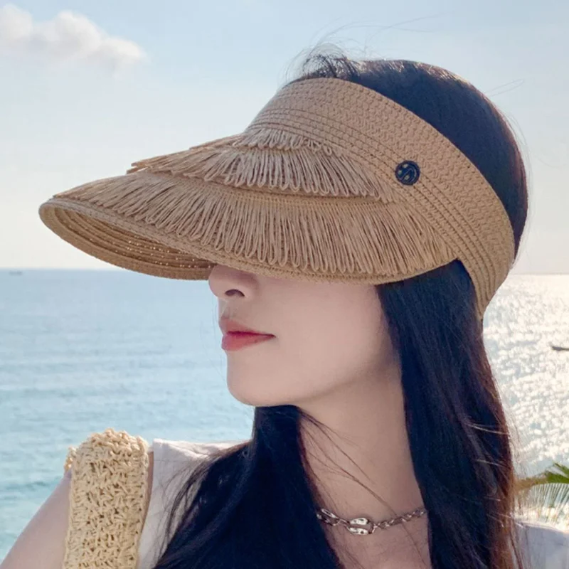 

Bohemian Summer Sun Hat for Women Lafite Grass Weave Tassel Empty Top Hat Lady Elastic Band Adjustment Outdoor Travel Beach Cap