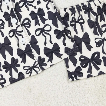 Toddler Girl Summer Pajamas Set Baby Black Bows Print Button-Down Lapel Pocket Short Sleeve Tops and Shorts Loungewear 2Pcs Sets 5