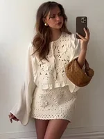 HH Female Summer Fashion Elegant Long Sleeve Lace Up Stitching Hollow Shirt+Temperament High Waist Mini A-line Skirt Suit