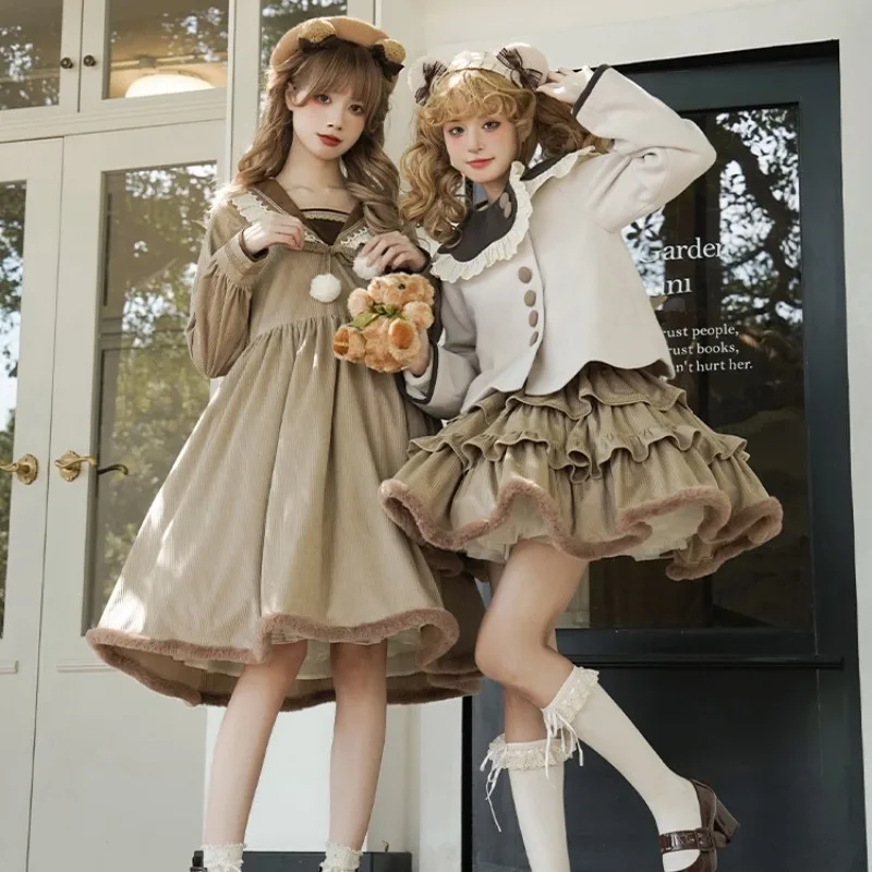 

Autumn Winter Academy Style Long OP Dress Woolen Coat JSK Short Skirt Women's Warm Ruffle Short Coat