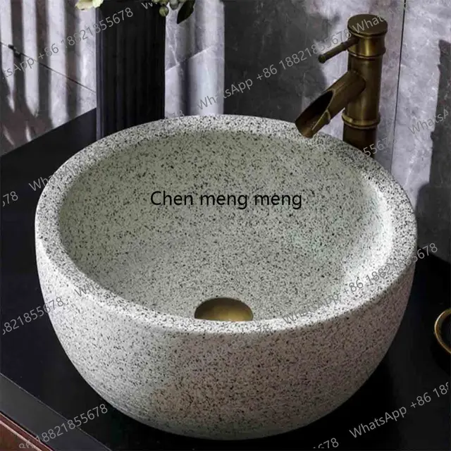 อ่างล้างหน้าแบบตั้งพื้นสำหรับระเบียงกลางแจ้ง สไตล์ย้อนยุค ดีไซน์สร้างสรรค์ ผิวแบบฝ้า ลายหินเทียม พร้อมก๊อกน้ำ 2