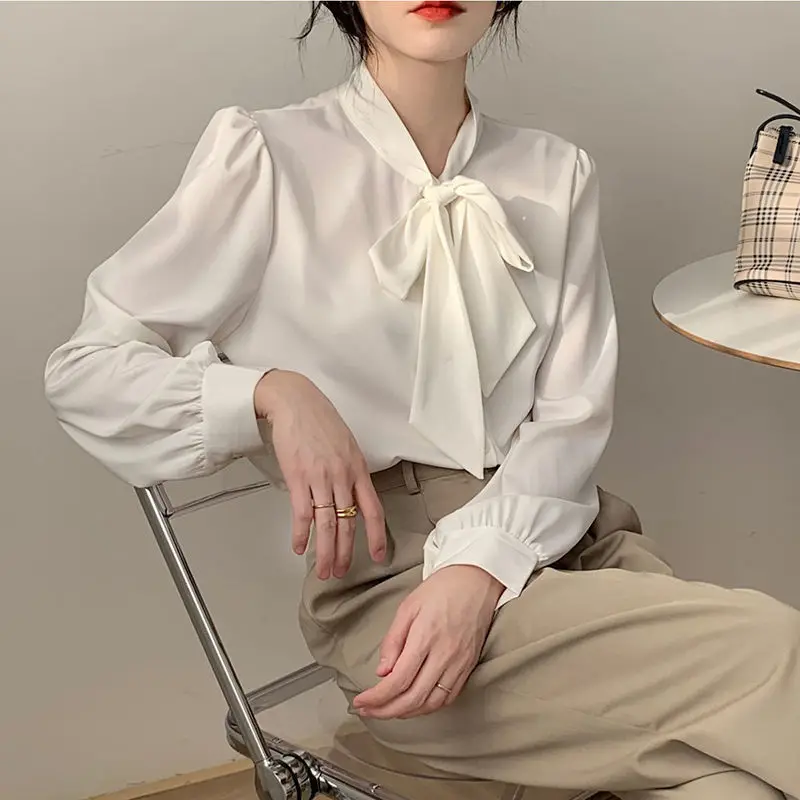

Женская шифоновая блузка с длинным рукавом, белая однотонная Свободная блузка с бантом в стиле пэчворк, Элегантная Модная одежда для весны