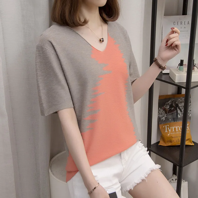 

M-4XL Large size women Patchwork kint thin sweater pullover loose casual short sleeve v neck Oversized Summer basic Knitwear