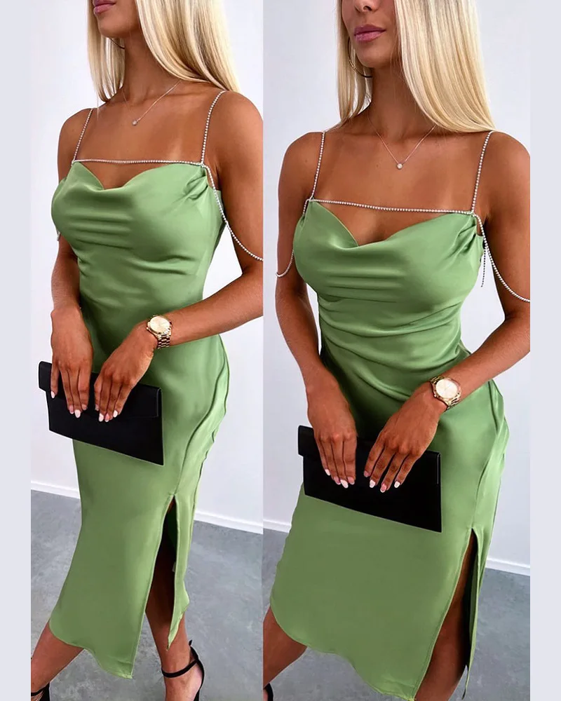 

Cowl Neck Chain Strap Slit Evening Dress Women Summer Spring Sleeveless Solid Color Sexy Dress