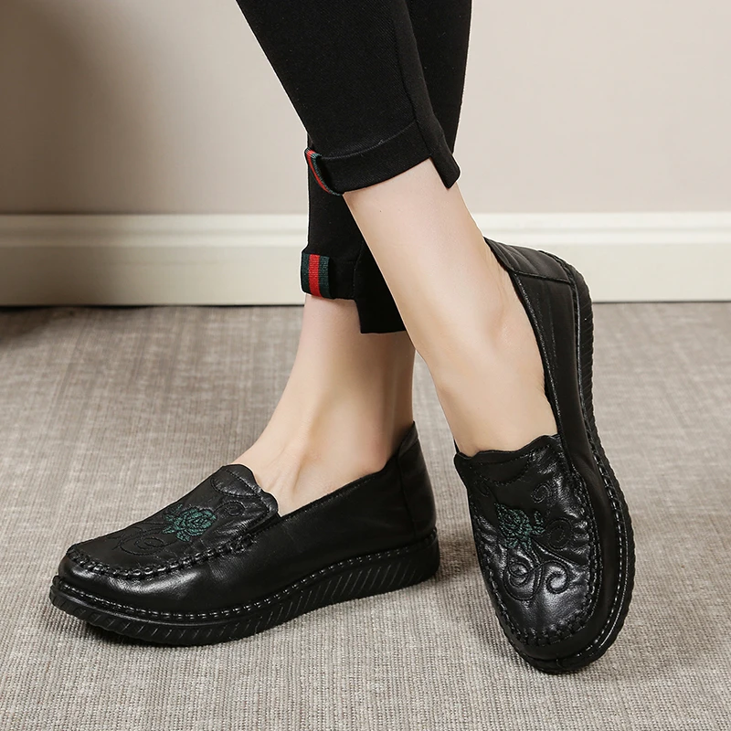 Vintage Scroll Embroidered Faux Leather Slip-On Loafers with Smooth Upper and Lightweight Design