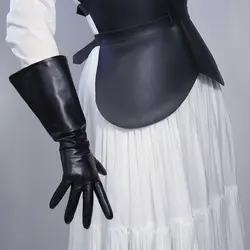 Unisex White Faux Leather Long Gloves with Wide Balloon Puff Sleeves - L (Real Leather Black)