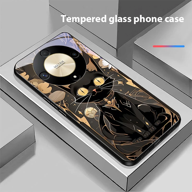 Black Gold Cat Design Tempered Glass Phone Case