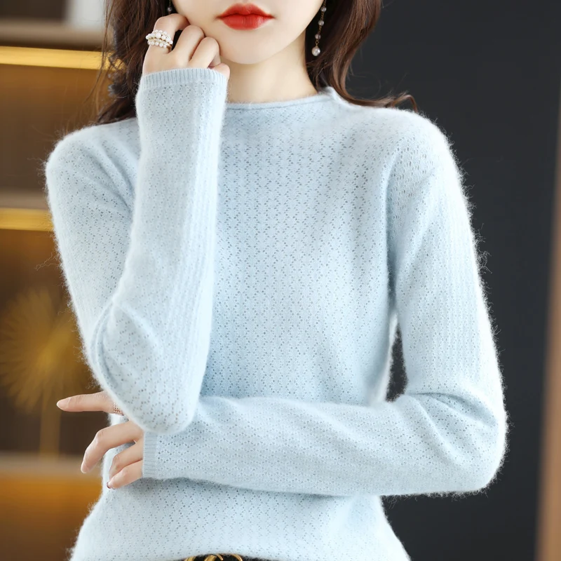 

Hot selling women's 100% pure mink cashmere fashionable simple color knitted semi-high collar women's pullover mink cashmere swe