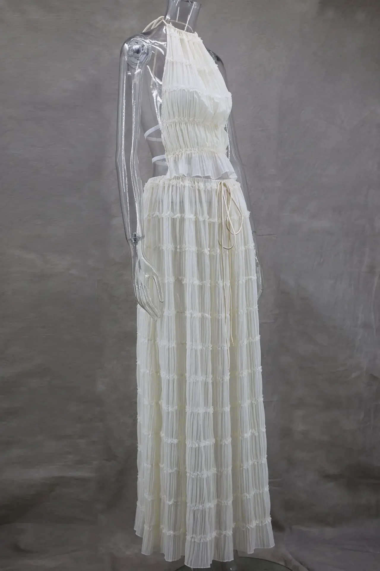 Bandage Fashion 2 Piece-Set Maxi Skirt Female Ruffled Summer Lace Elegant Streetwear Halter Top And Long Skirt Women Sets