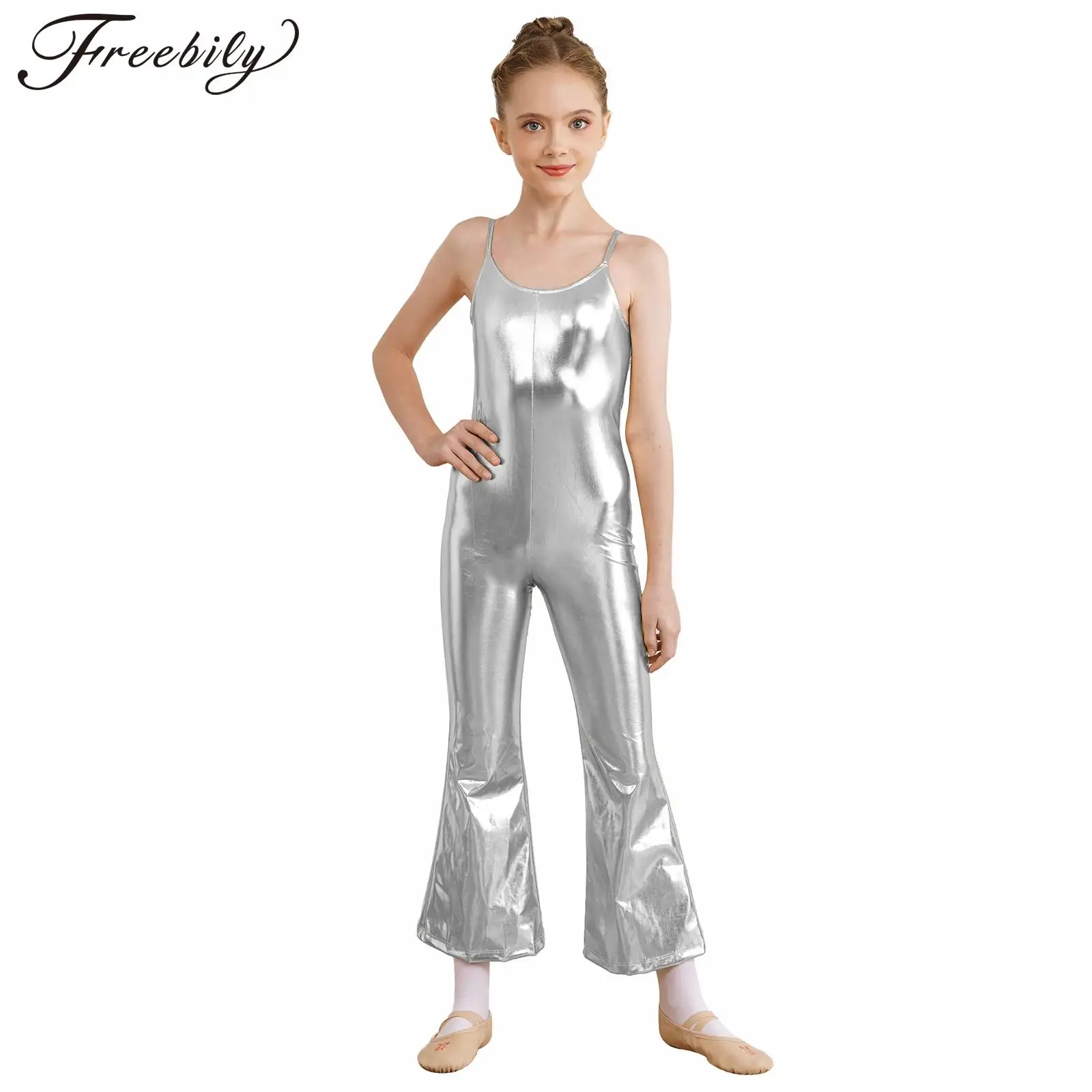 

Kids Girls Shiny Metallic Gymnastics Jumpsuit Unitard Dancewear Children's Sleeveless Bell-Bottomed Bodysuit Performance Costume