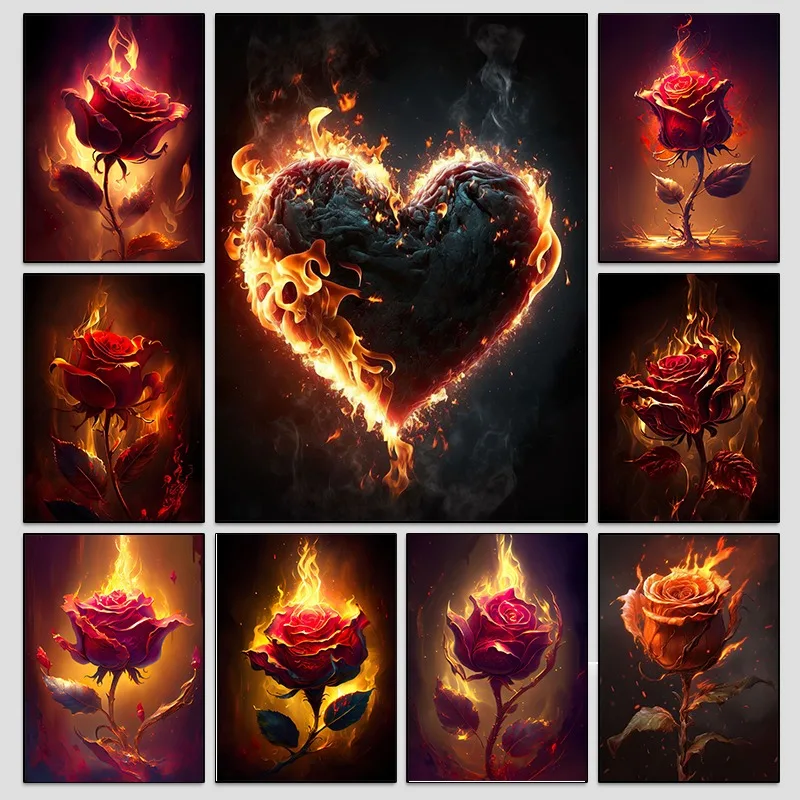 

Burning Flower Heart Valentines Day Poster Retro Canvas Painting Print Wall Art Picture for Living Room Bedroom Decor Lover Gift