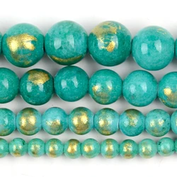 White Red Gold Plated Jade Round Natural Stone Beads for Jewelry Making and DIY Accessories (Lake Blue)