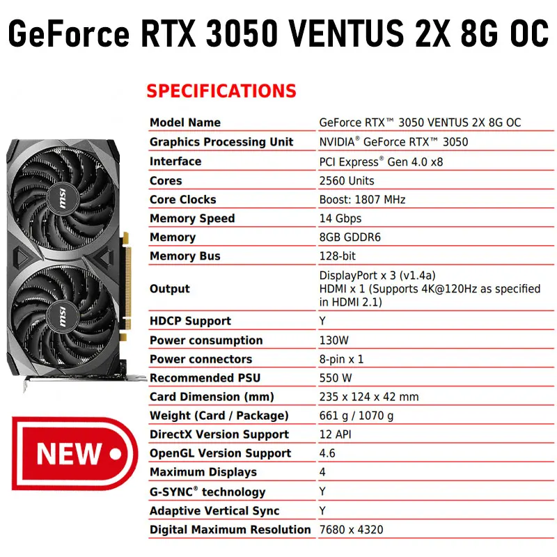 MSI RTX 3050 VENTUS 2X 8G OC Graphics GDDR6 128bit Video Card RTX 3050 GPU  PCIe 4.0 DP Dual Fan GAMING Graphics Card GeForce New