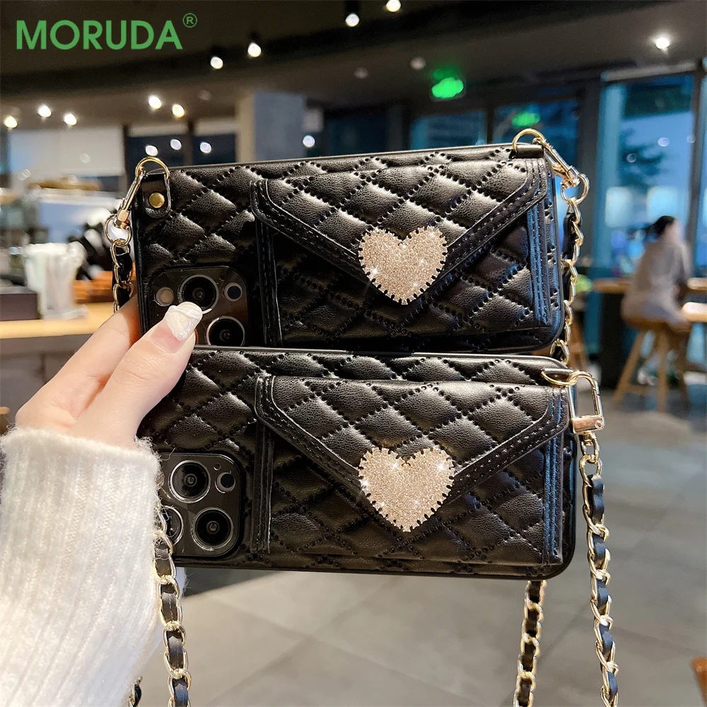 Luxurious Fragrance Leather Split Card Case for iPhone 14 13 12 11 Pro Xs  Max 14Pro XR X 7 8 Heart Decor Crossbody Lanyard Cover - AliExpress