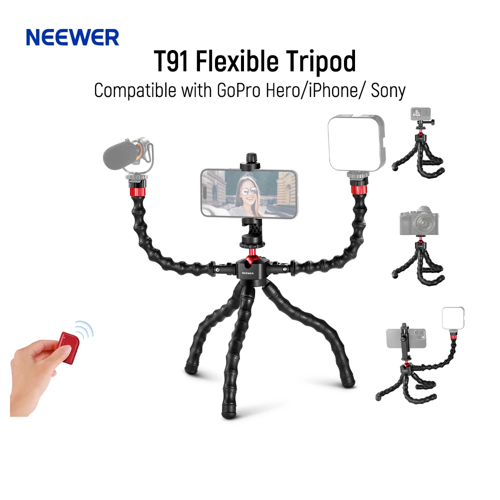 NEEWER T91 매직 암 2 개 장착 유연한 삼각대, 브이로그 여행용 미니 삼각대, 고프로 히어로 12, 아이폰 15, 14 프로와 호환 가능