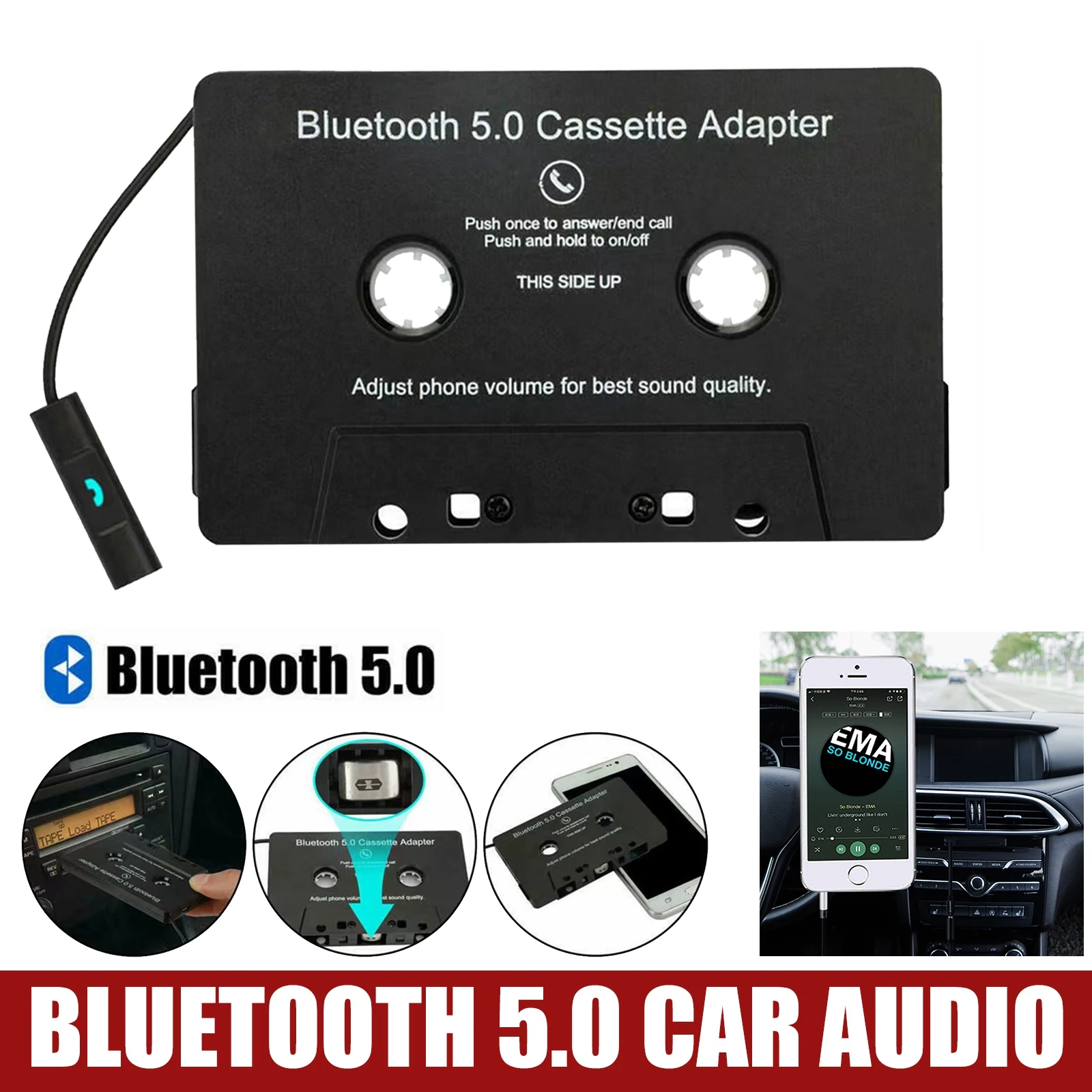 Lecteur de cassette stéréo de voiture, Bluetooth 5.0, convertisseur de  bande de véhicule, MP3, répertoire téléphonique mains libres pour iPhone