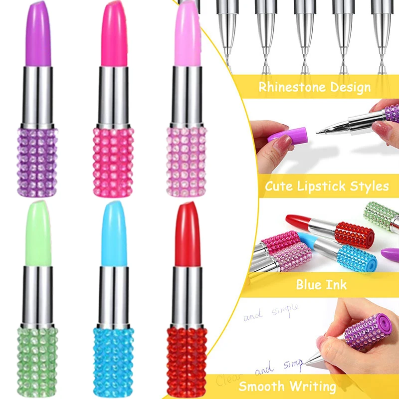 

6Pcs Stationery Gift Pen With Diamond Lipstick Modeling Ballpoint Pen Novel Personality Prize