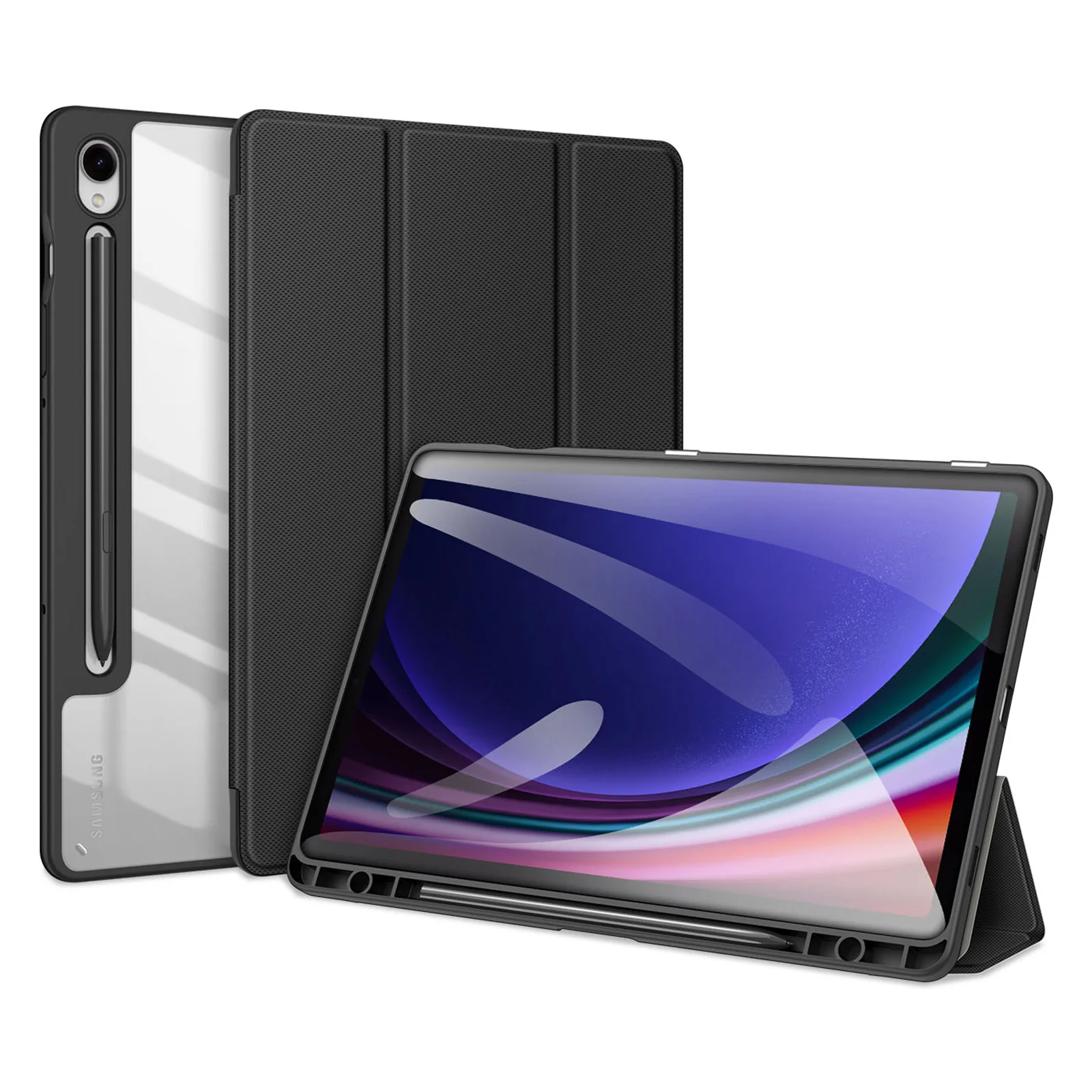 Couro Clássico Smart Stay Back Cover com Pen Groove Capa para Samsung Galaxy Tab s9 fe Plus Acrílico e Tpu