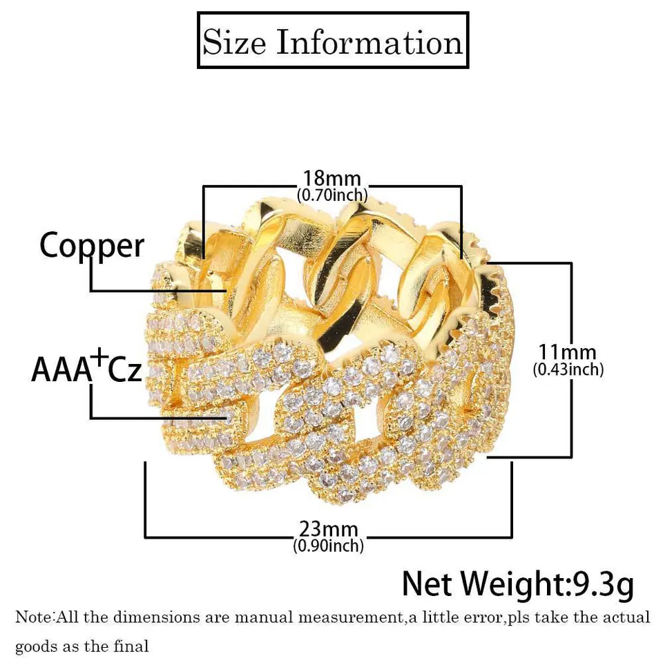 YYSuniee Rotatable Cuban Ring – 11mm Wide, Gold Plated Copper, 3A Cubic Zirconia, Spinner Ring For Men