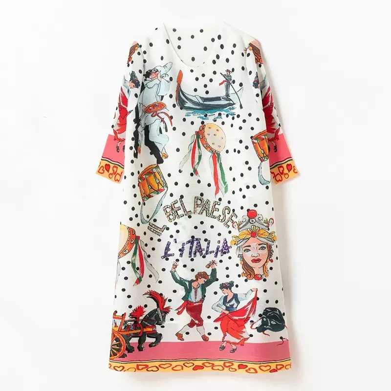 

Summer Women Pleated Dress High Quality Stretchy Pollvers O-Neck Half Sleeve Colorblock Dot Print Beaded Diamond Casual Dress