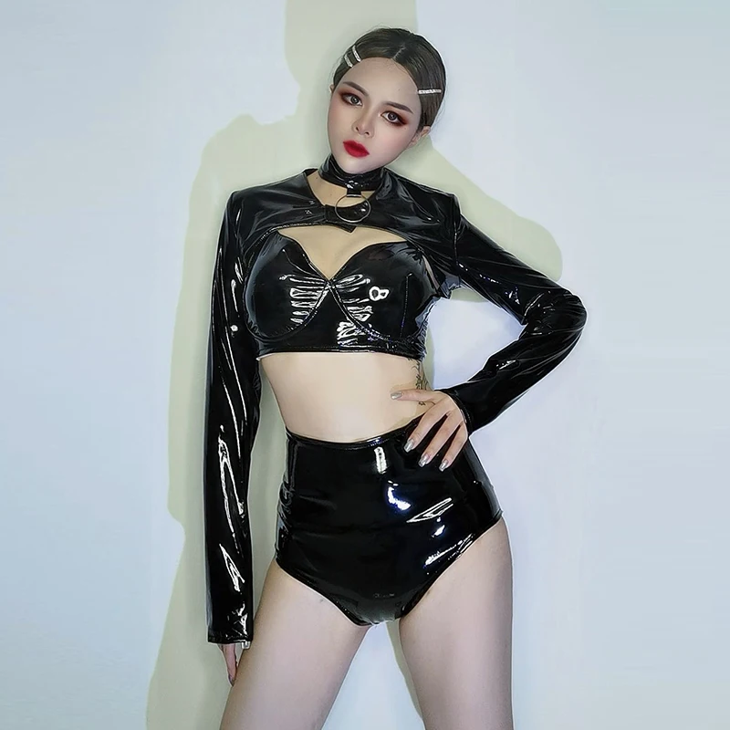 

Bright Leather Pole Dance Costume Sexy Bikini Adult Women Nightclub Bar Gogo Jazz Dancing Performance Wear Rave Clothing YS5327