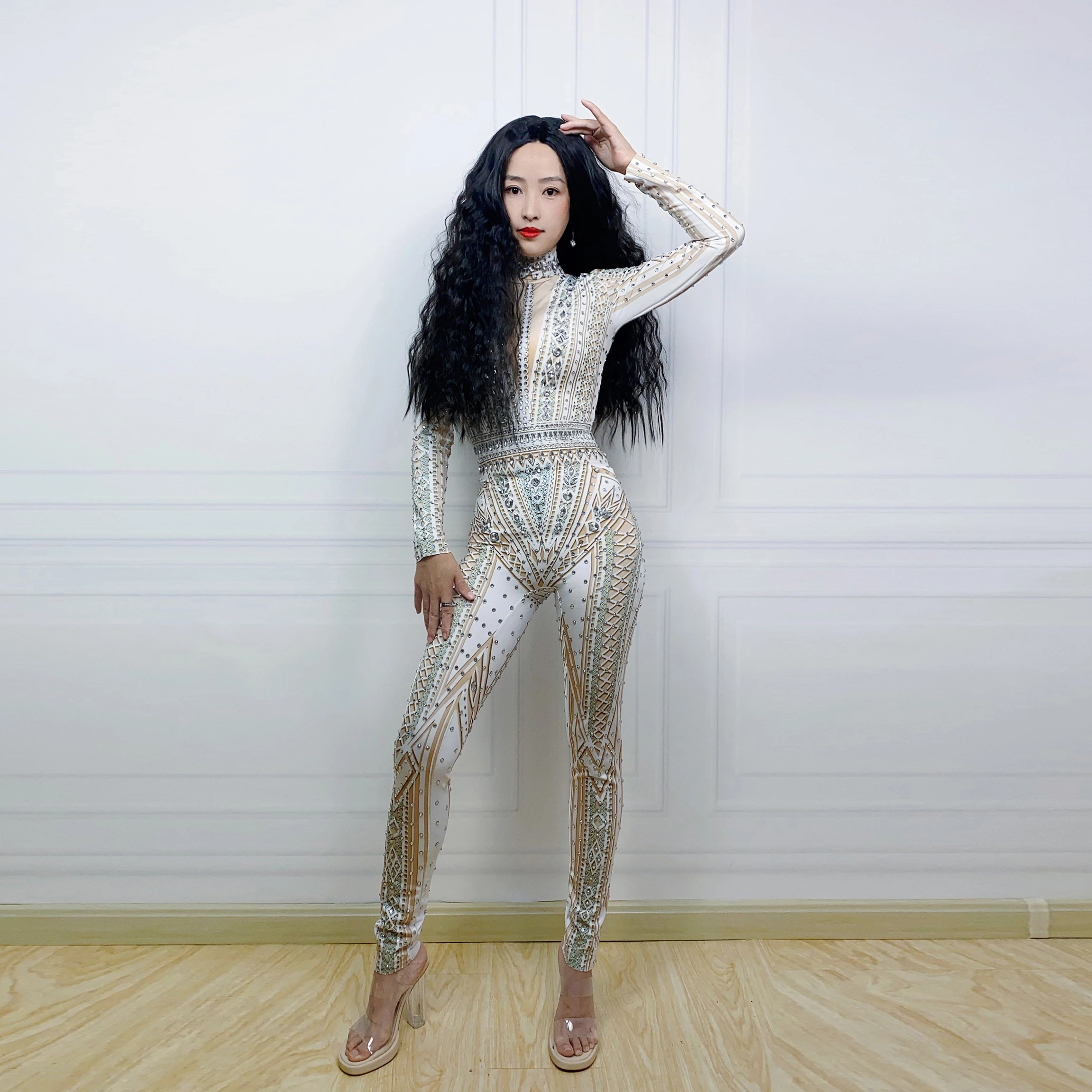 

Женский комбинезон для танцев, серебристые леггинсы с рисунком телесного и белого цветов, модель 20230001