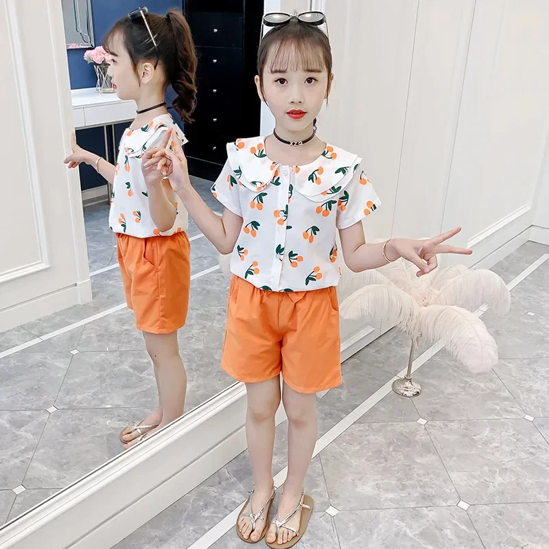 

Children's Girls Summer Short Sleeve Sports Suit Clothes Set for Girl Print Doll Collar Shirt + Shorts 4 -11 Years Kids Outfits