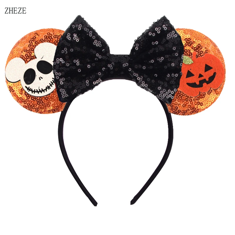 

Halloween Pumpkin Mouse Ears Headband For Girls Sequins 5"Bow Hairband Kids/Adult Festival Party DIY Hair Accessories