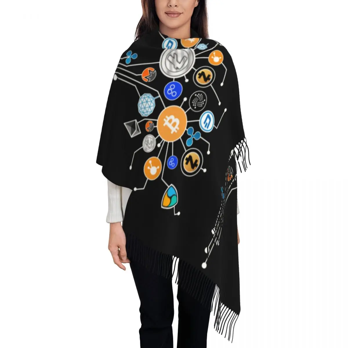 

Cryptocurrency Scarf for Women Winter Pashmina Shawl Wrap Bitcoin Crypto Btc Blockchain Geek Long Scarves with Tassel Daily Wear