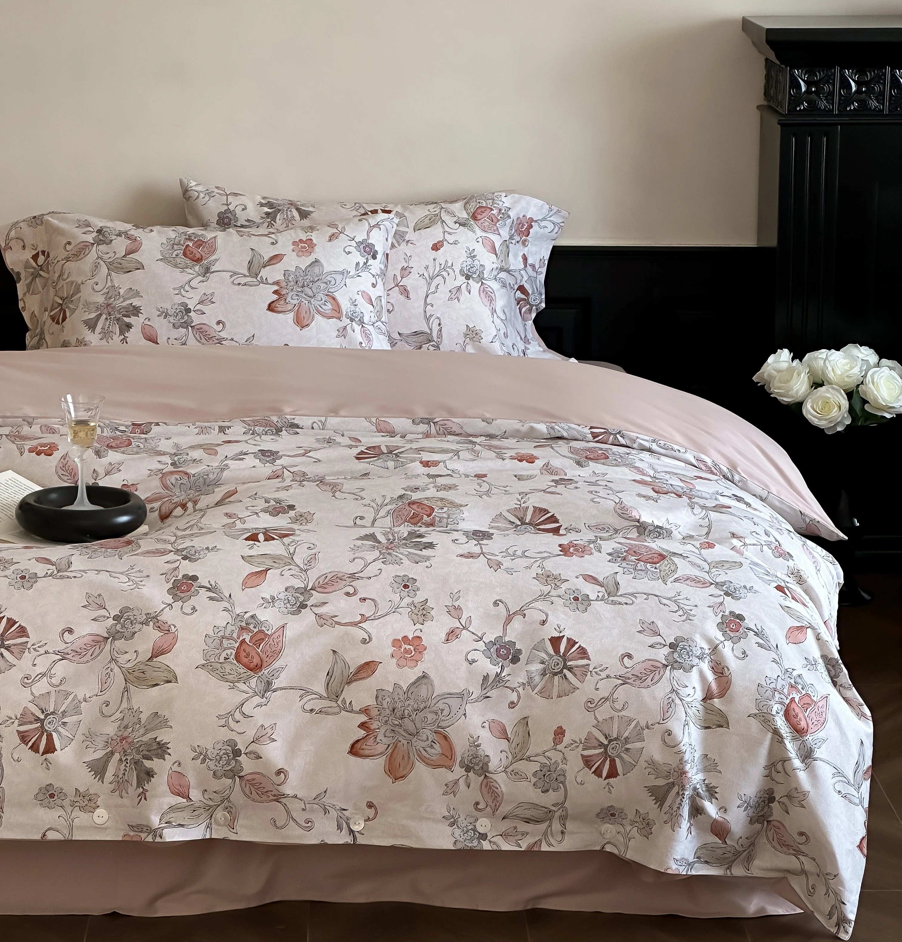 100% Cotton French Vintage Floral Duvet Cover Set Romantic Pastoral Bedding Set Elegant Rose Bed Linen King Queen Size 4Pcs 1