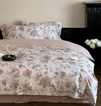 100% Cotton French Vintage Floral Duvet Cover Set Romantic Pastoral Bedding Set Elegant Rose Bed Linen King Queen Size 4Pcs 1