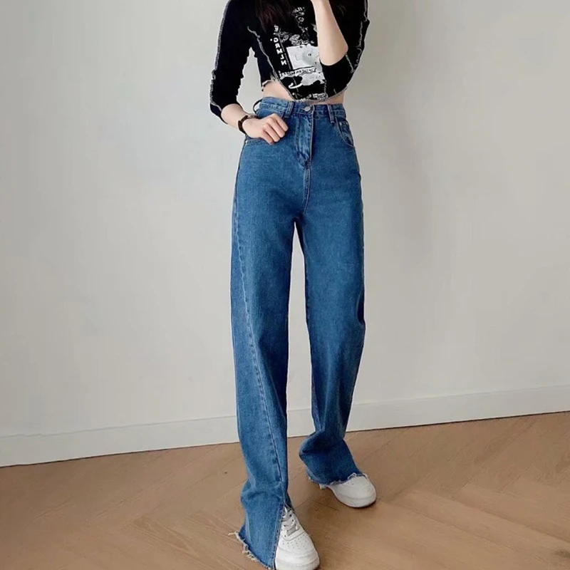

Jeans women straight leg high waist 2023 slit design pantalongs casual simple solid color wide leg pants women's denim trousers