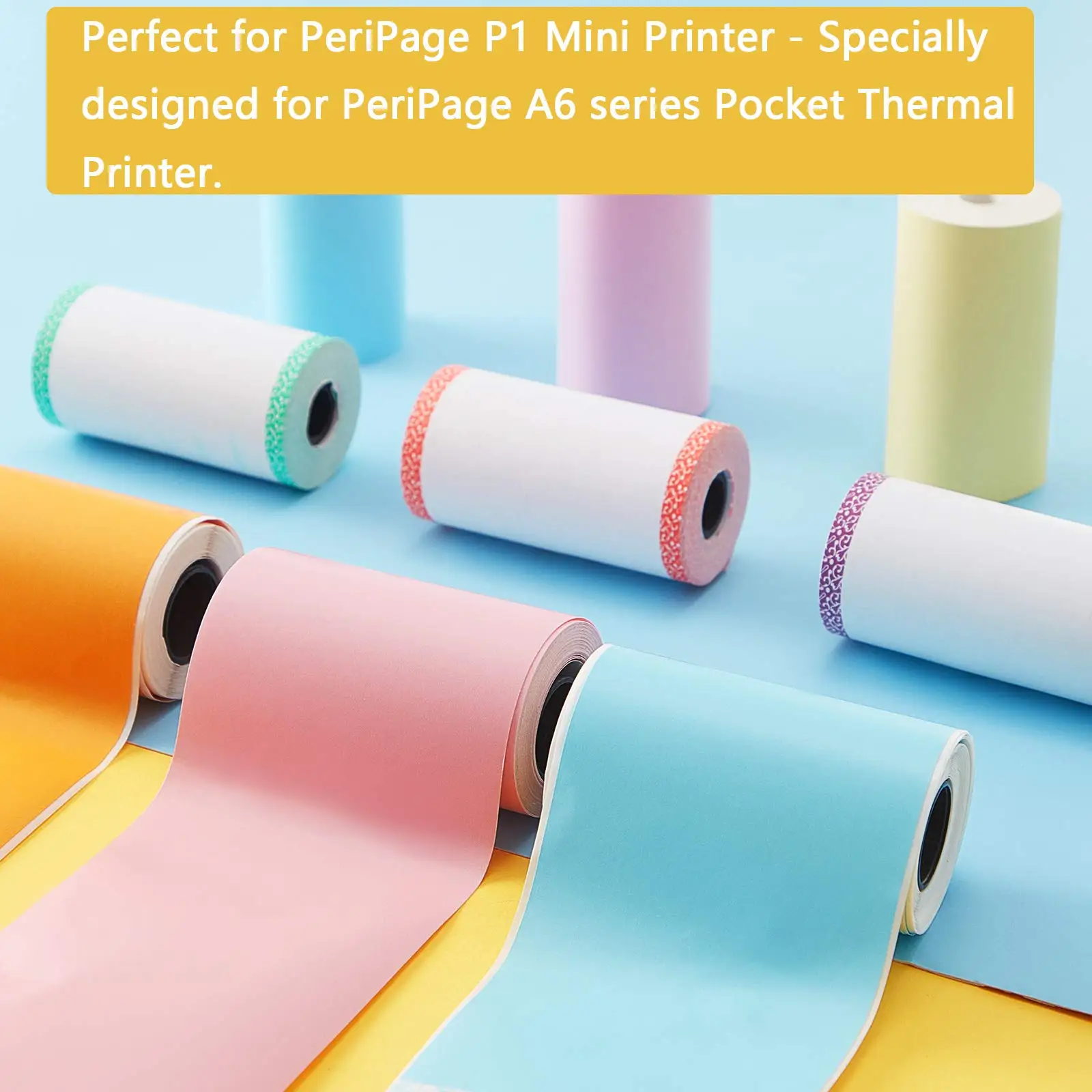 Auto-adesivo Color Paper para Mini Impressora Térmica, PeriPage Photo Printer, Etiqueta de cor branca, papel rótulo em branco, 6 Rolls