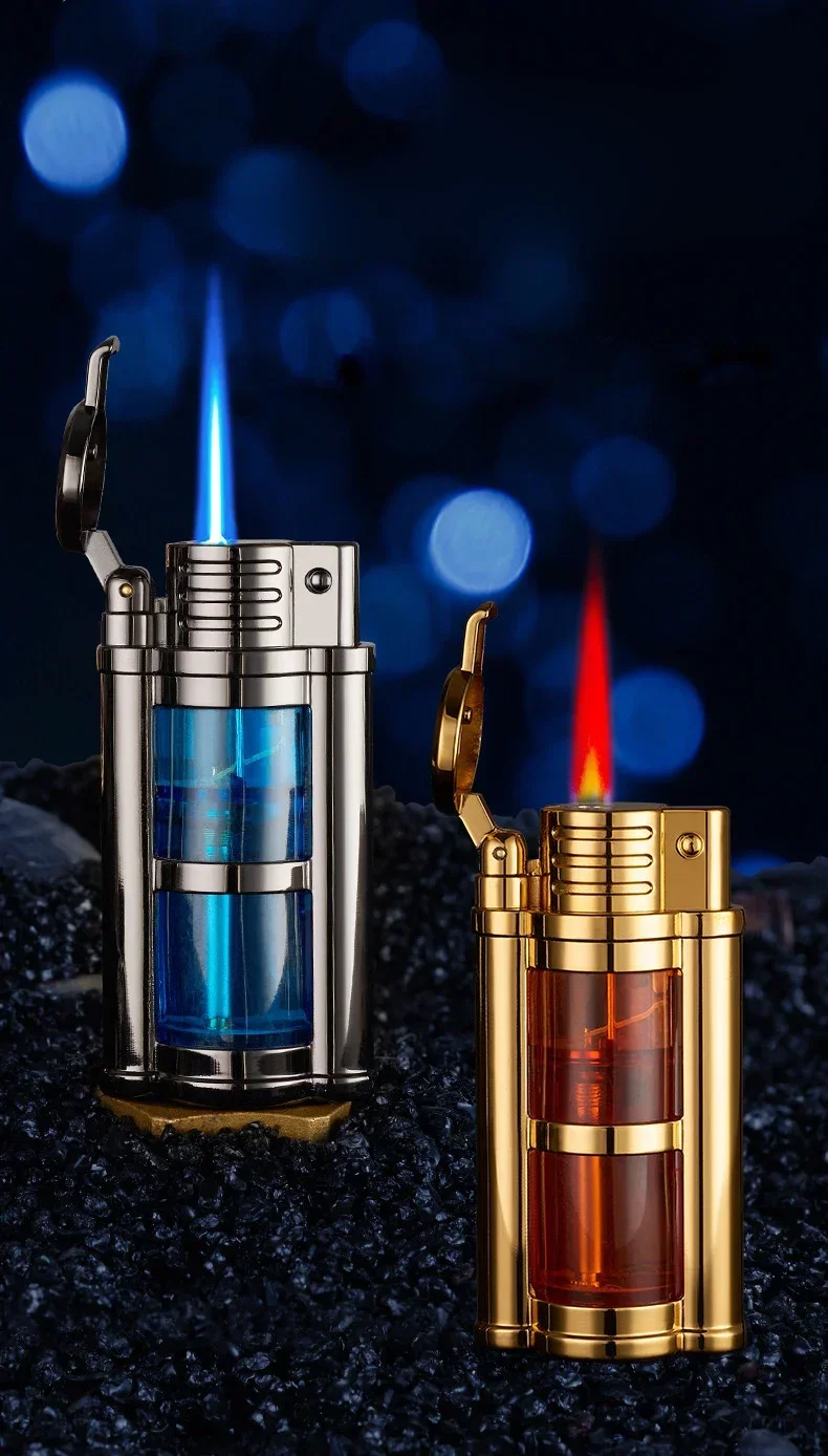 Description Picture 4 of item2023 Windproof Direct Charge Transparent Visible Air Bin Metal Gas Turbine Lighter Kitchen Barbecue Camping Cigar Tool Men's