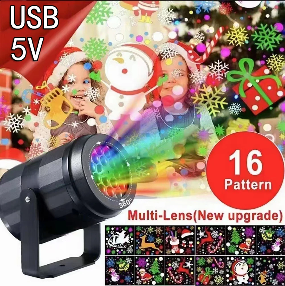 16 Pattern Night Light LED Snowflake Projector 360° Rotating Projection Lamp Home Christmas Festivals Party Decoration USB/EU