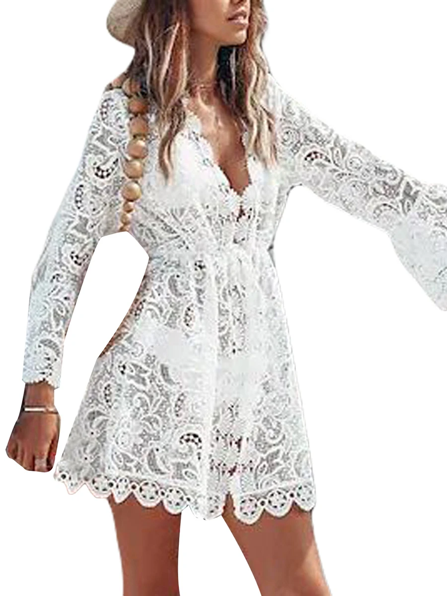 Sexy Lace Hollow Crochet Bikini Cover-ups Floral Print Mini Beach Dress For Women