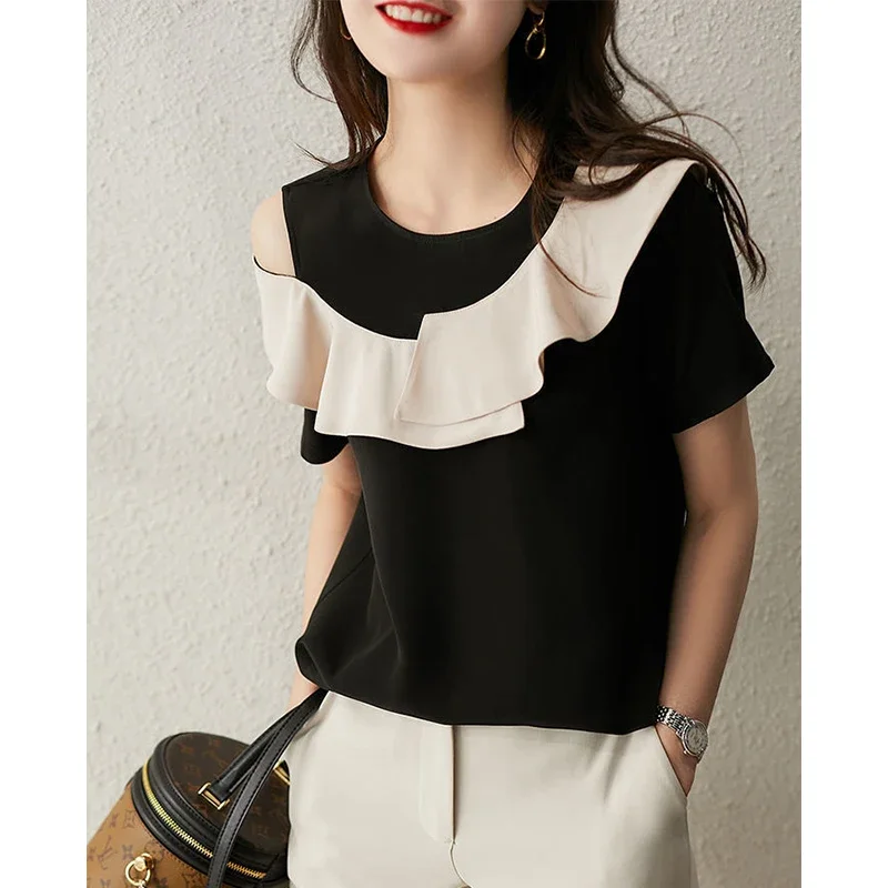 Summers Fashion Elegant Ruffles Off the Shoulder Pullover Chiffon Shirt Lady Short Sleeve Temperament Top Women Patchwork Blouse blouses ruffles dot pattern bow round neck lacing temperament button office lady fashion casual spring summer women s clothing