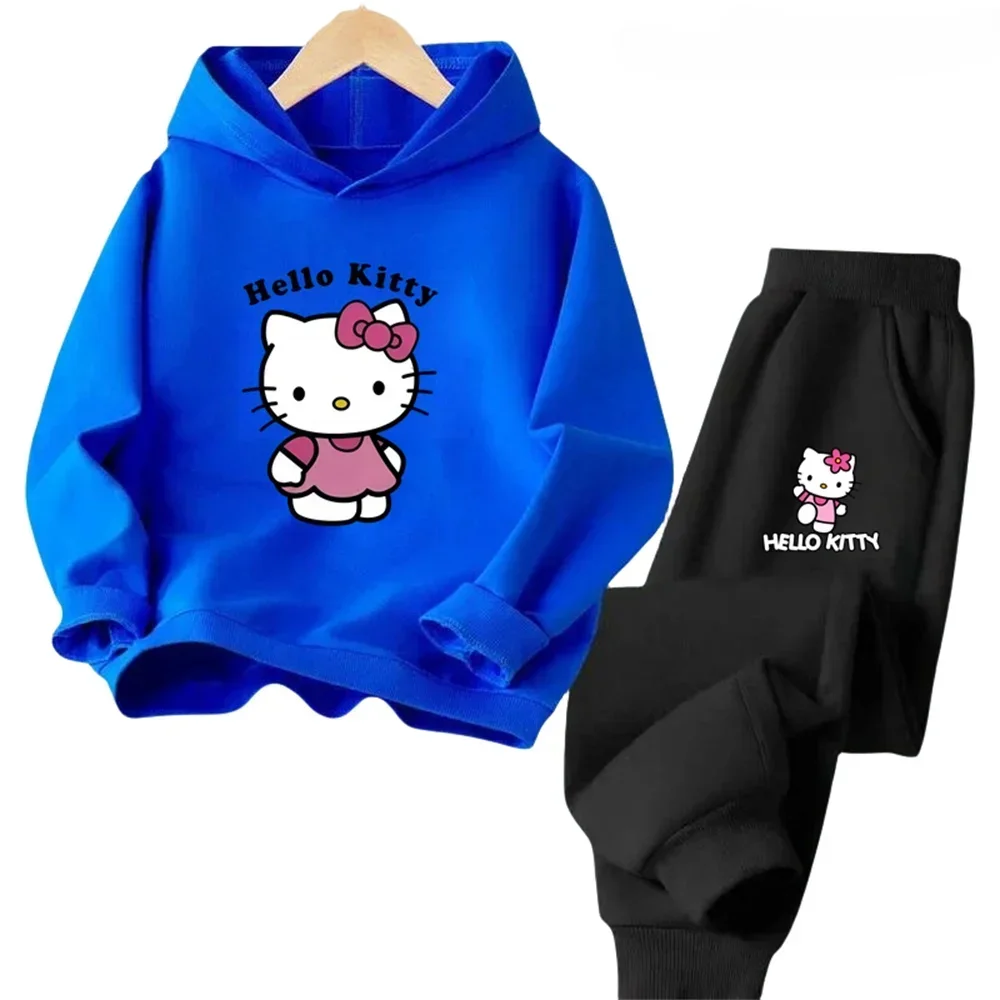 thumbnail image 1 of Conjunto de 2 piezas de sudadera y pantalones con estampado de dibujos animados de Hello Kitty Kawaii, ropa de primavera y otoño para niños y niñas, chándal de moda para niños, 1 of 5