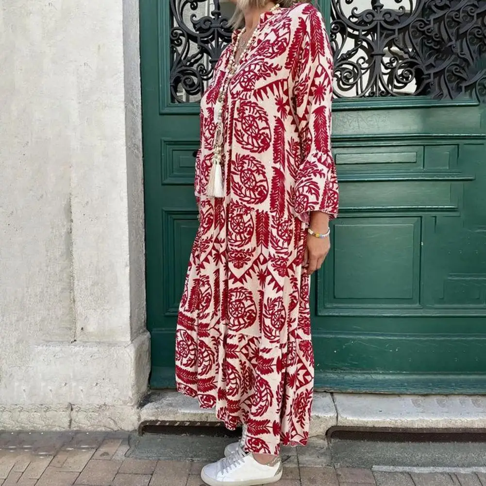 

Spring/Summer Women's Dress V-neck Print Loose A-line Swing Long Sleeve Bohemian Holiday Beach Dress