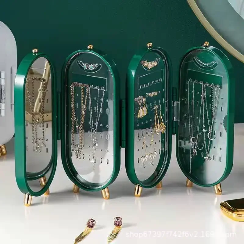 Green Foldable Jewelry Box Storage Organizer with Mirror Plastic Storage Container for Woman Earrings Necklace Desk Storage Rack 3