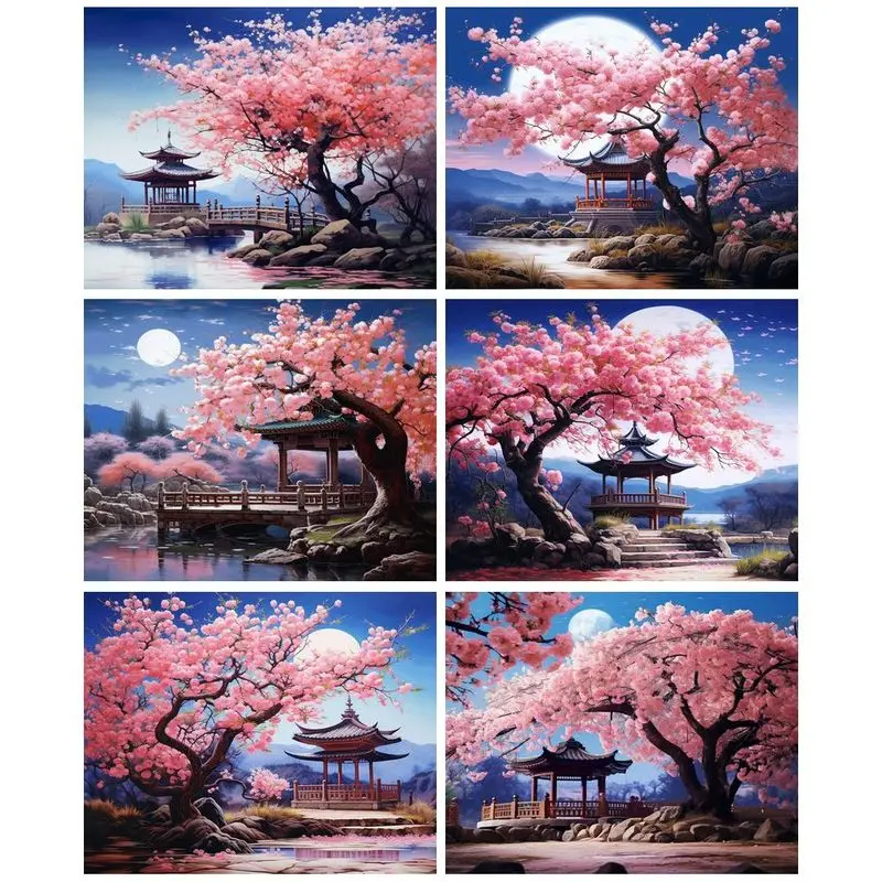 

GATYZTORY Painting By Number Peach Blossom Tree Courtyard Landscape Coloring By Number Zero Basis For Adults Living Room Decorat