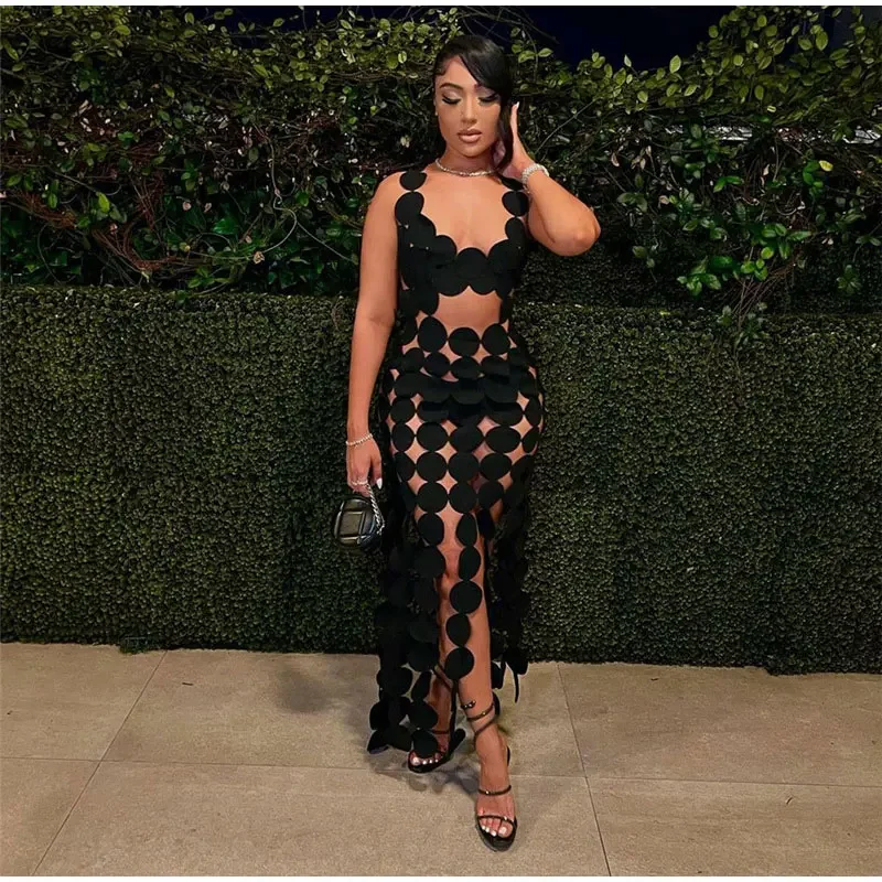 

Sexy Hollow Out Backless Irregular Midi Dress For Women Tassel See Through Sleeveless Bodycon Dresses Lady Clubwear Vestidos